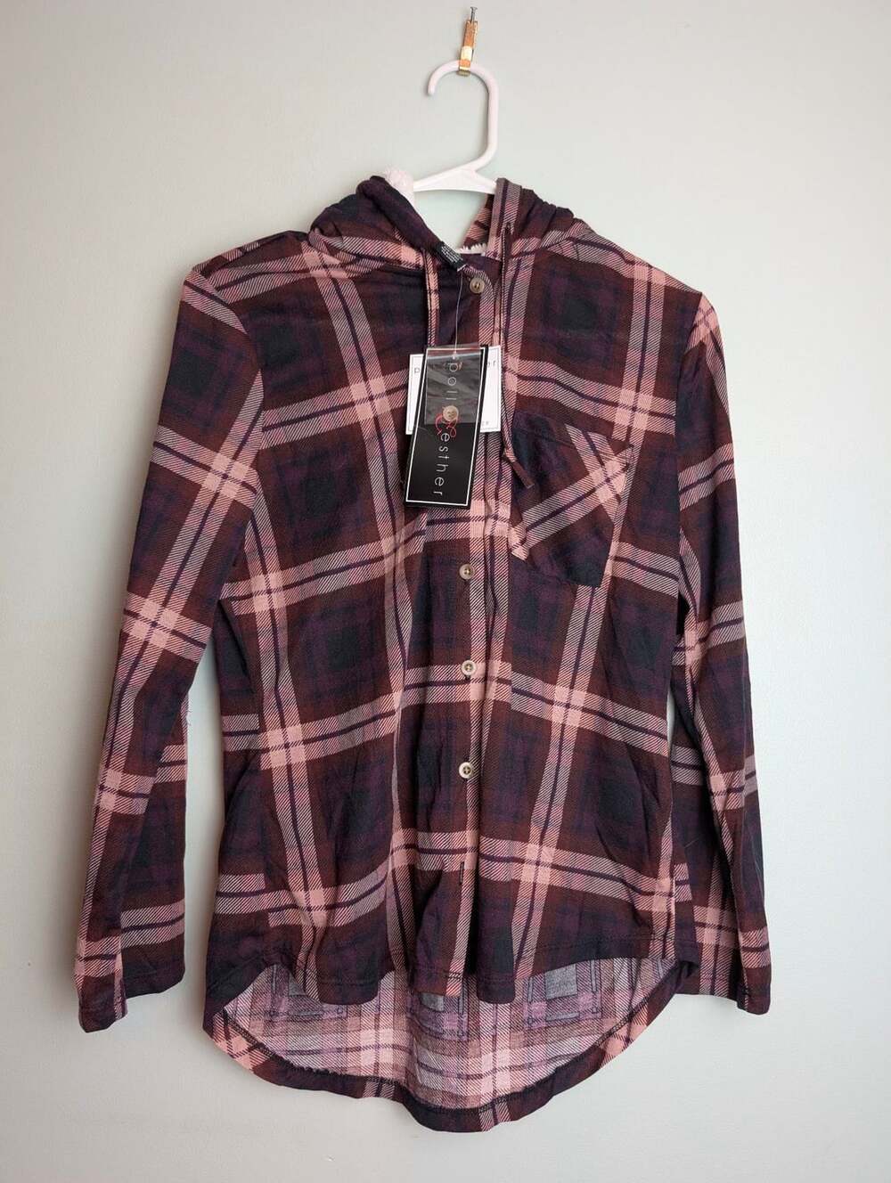 ​Grungecore Fallfashion Polly & Esther Plaid Hooded Burgundy Button Up